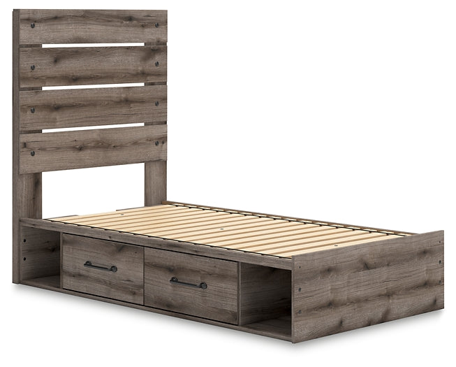 Graystorm Twin Panel Bed with Storage with Mirrored Dresser and Nightstand