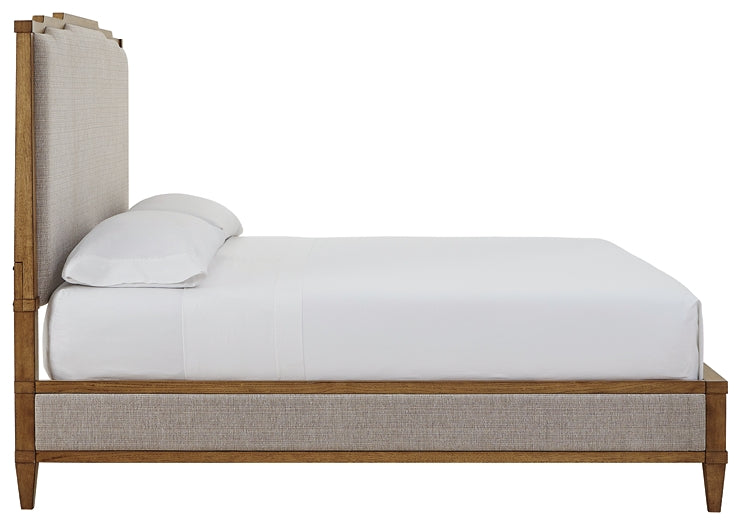 Sharlance California King Upholstered Panel Bed with Mirrored Dresser
