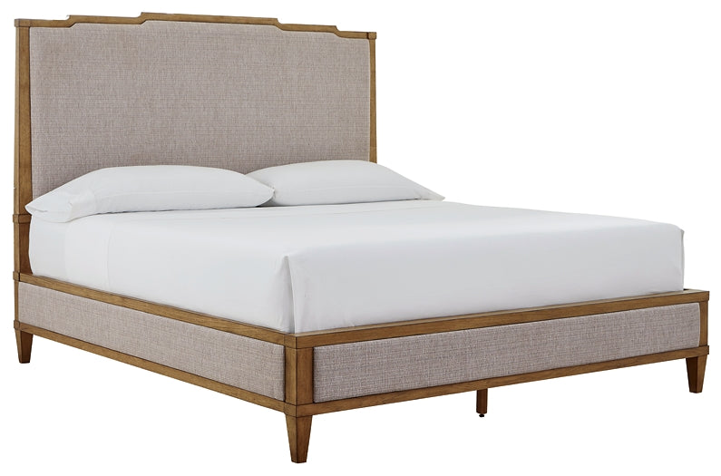 Sharlance California King Upholstered Panel Bed with Mirrored Dresser and Nightstand