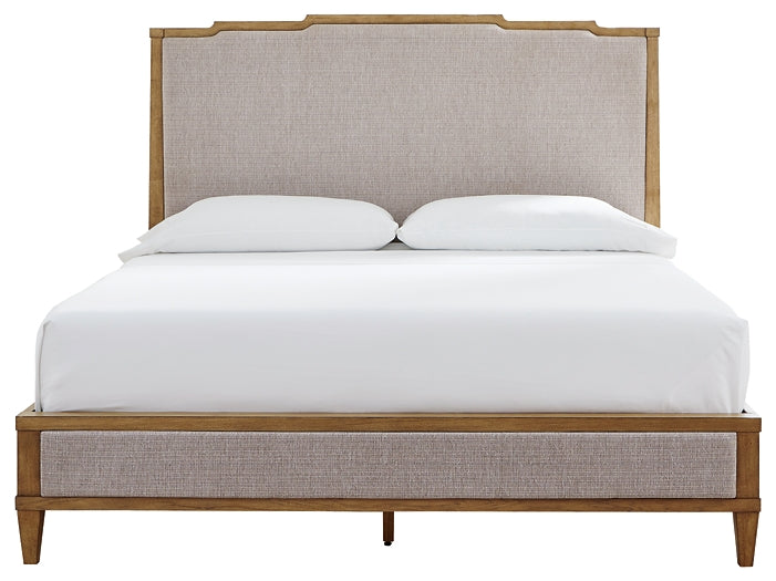 Sharlance California King Upholstered Panel Bed with Mirrored Dresser and Nightstand