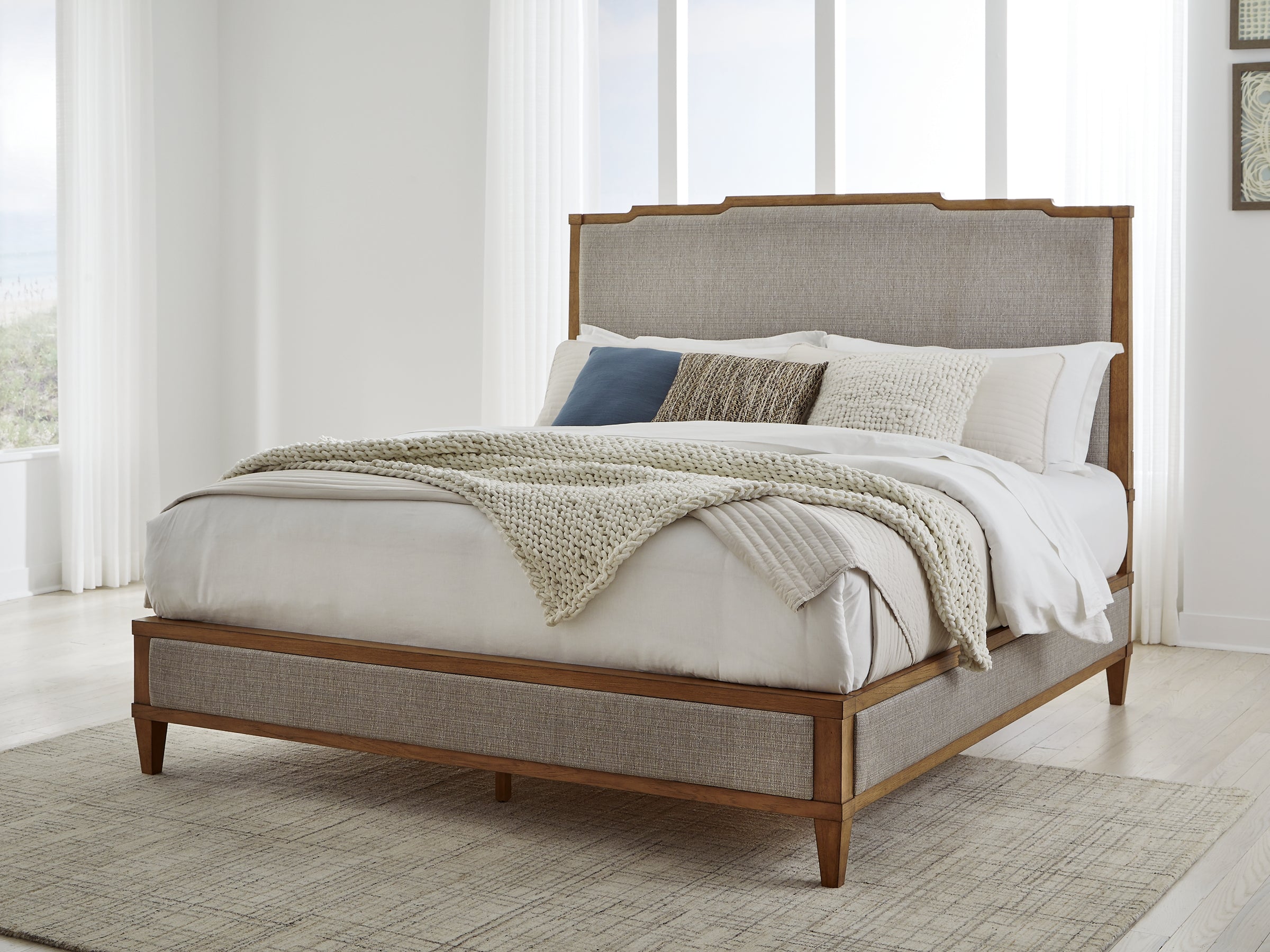 Sharlance California King Upholstered Panel Bed with Mirrored Dresser and Nightstand