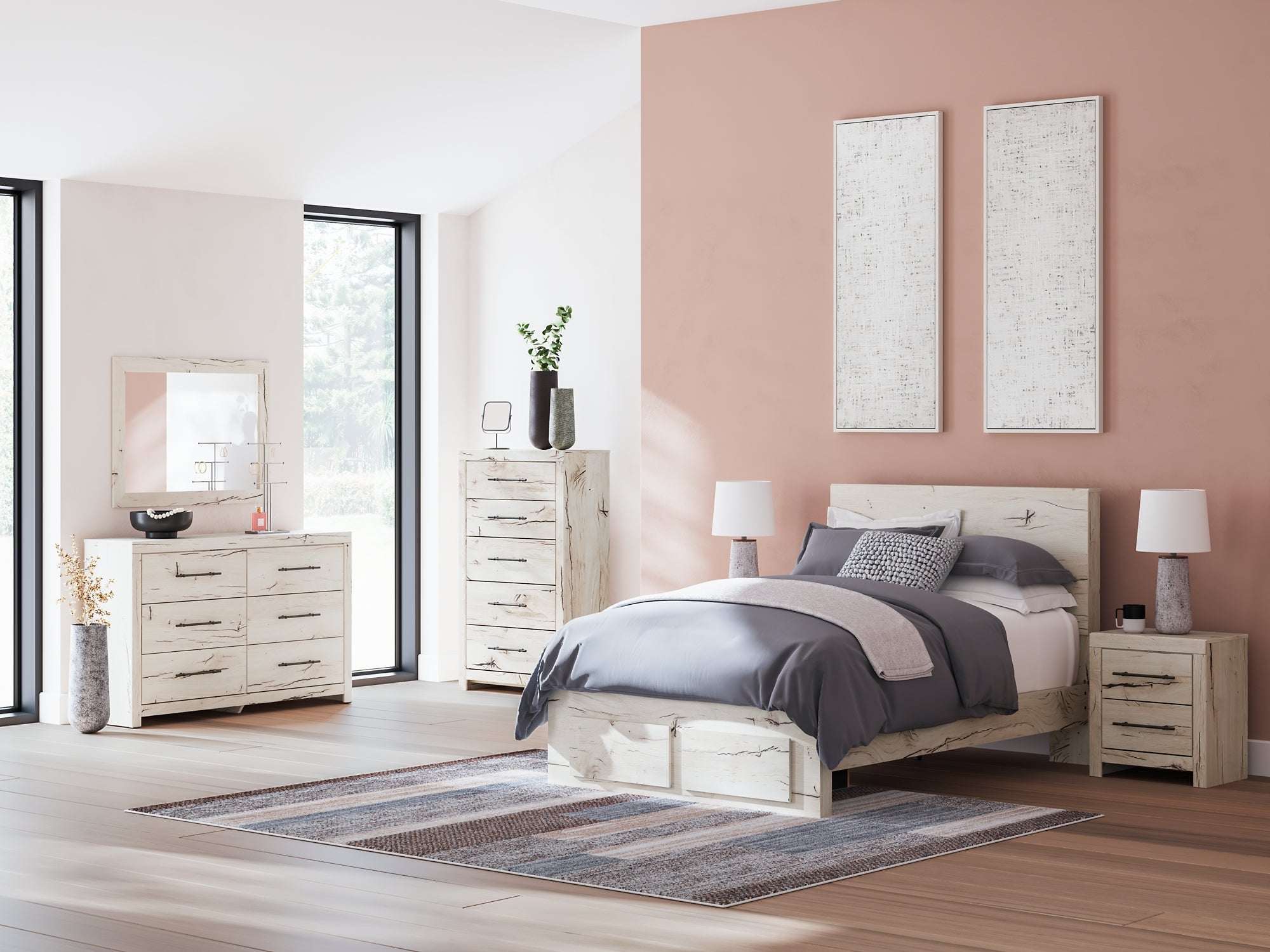 Lawroy Full Panel Storage Bed with Mirrored Dresser, Chest and Nightstand