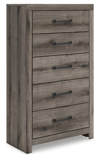 Graystorm King Panel Bed with Mirrored Dresser, Chest and Nightstand