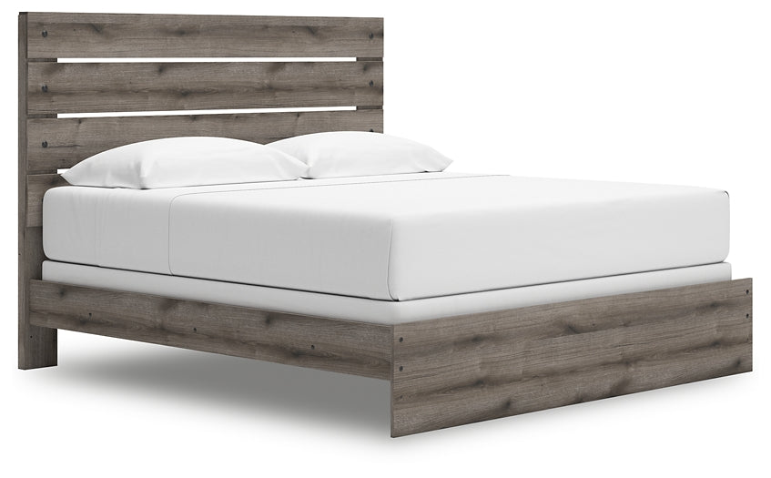 Graystorm King Panel Bed with Mirrored Dresser, Chest and Nightstand