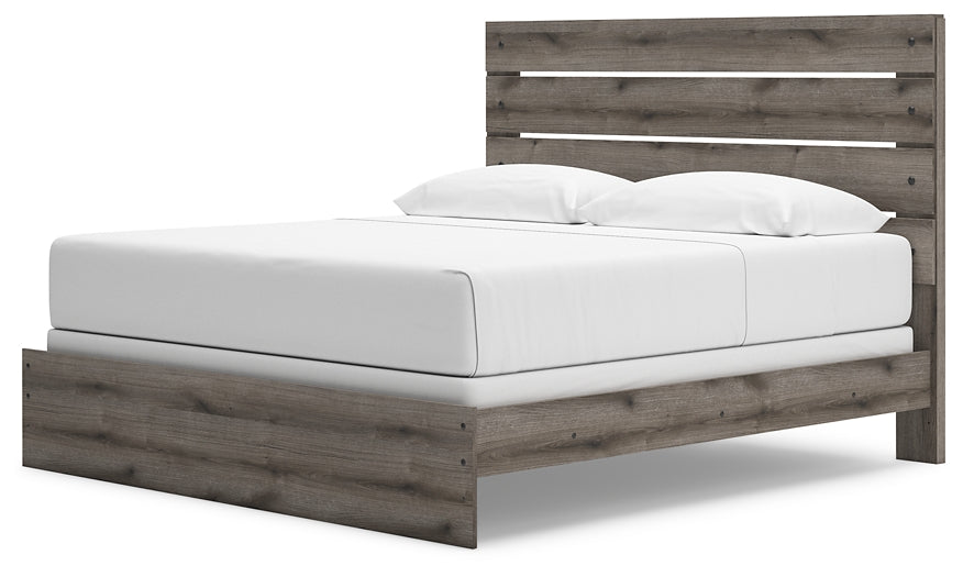 Graystorm King Panel Bed with Mirrored Dresser, Chest and Nightstand