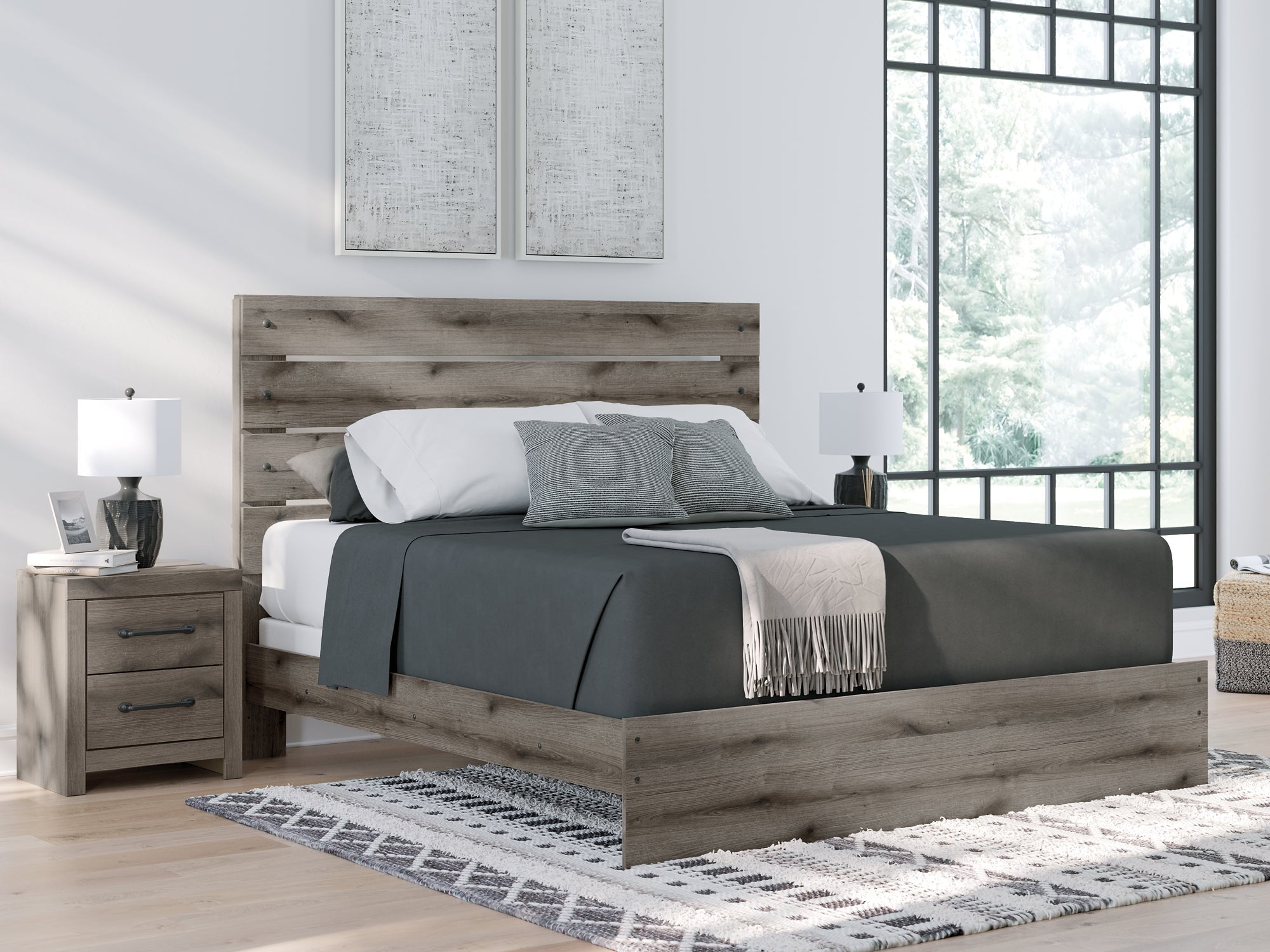 Graystorm King Panel Bed with Mirrored Dresser, Chest and Nightstand