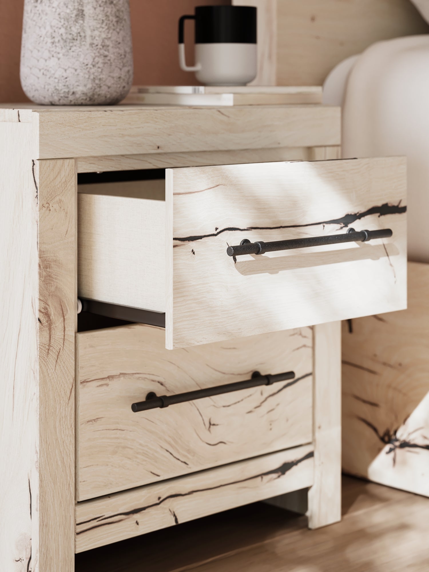Lawroy King Panel Storage Bed with Mirrored Dresser, Chest and Nightstand