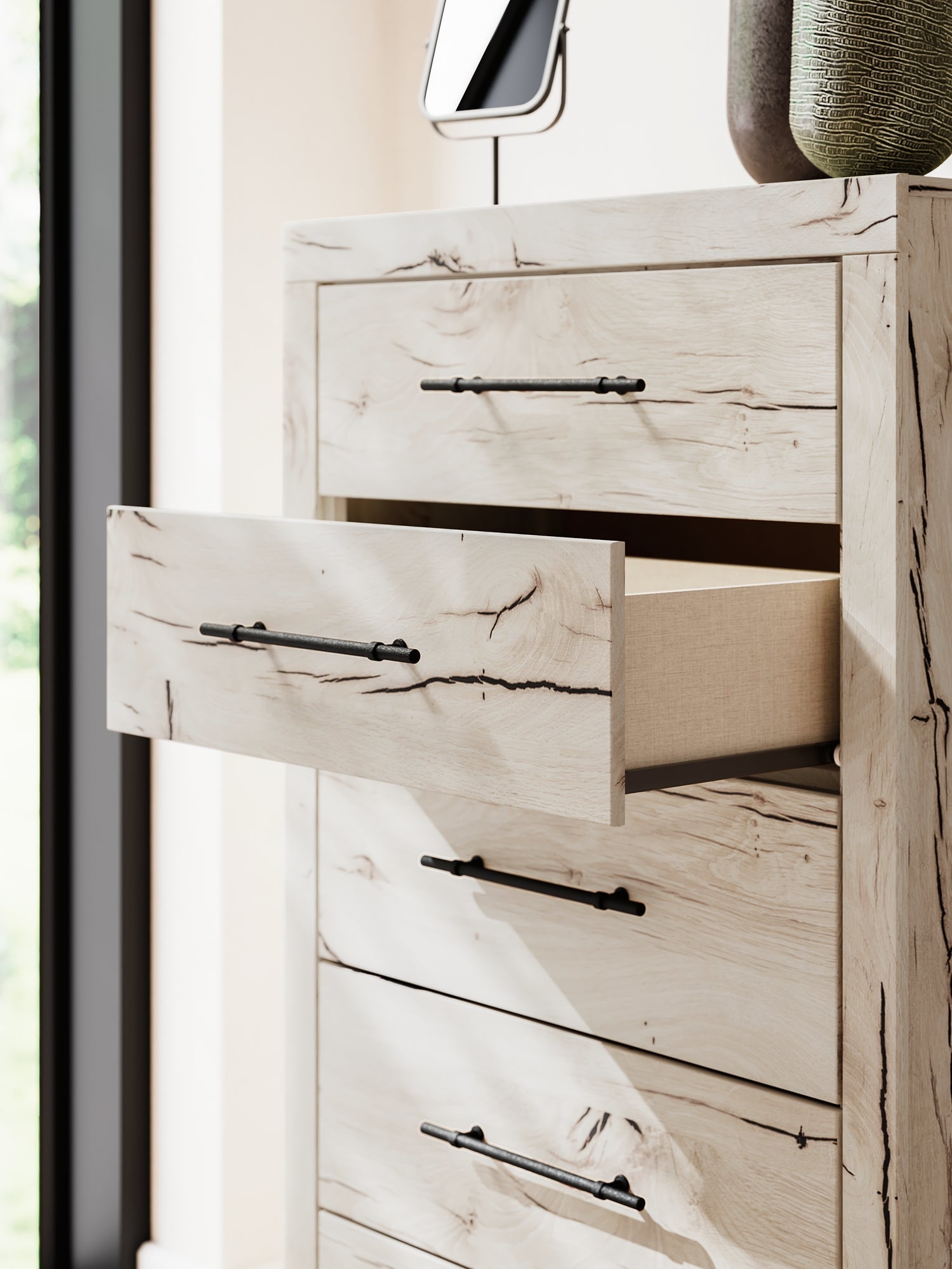 Lawroy Twin Panel Bed with Storage with Mirrored Dresser and Chest