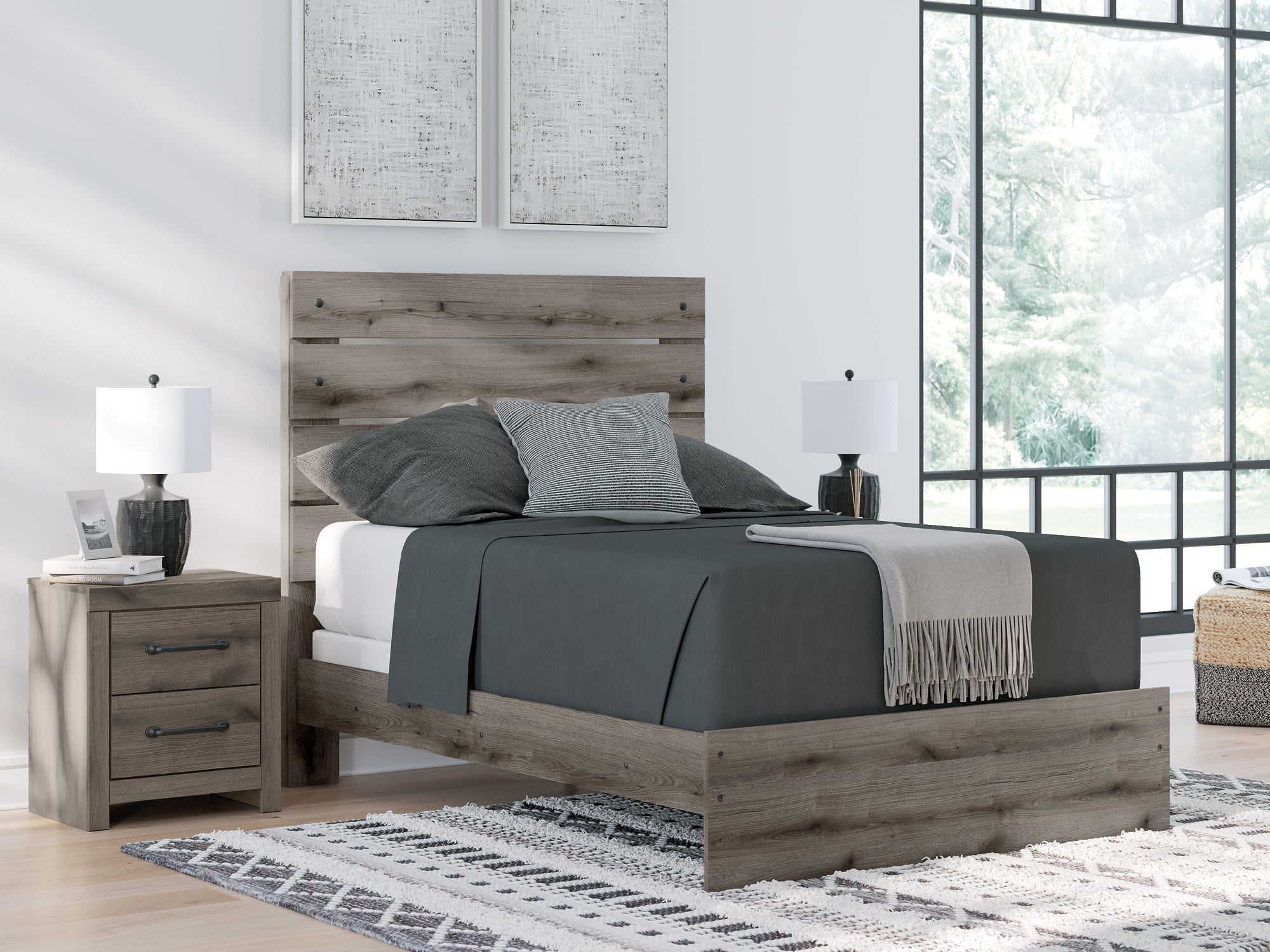 Graystorm Full Panel Bed with Mirrored Dresser and Chest