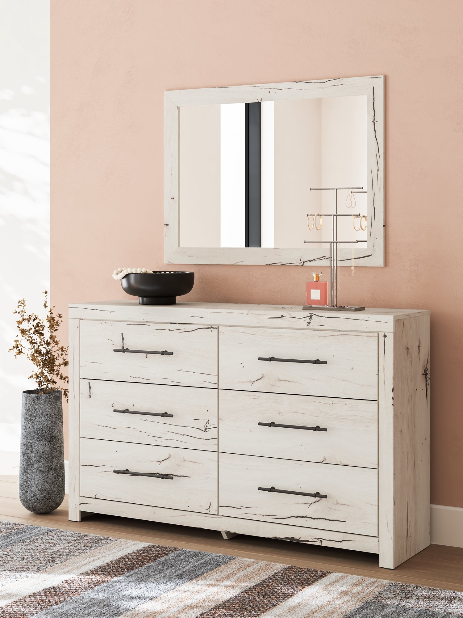 Lawroy King Panel Headboard with Mirrored Dresser, Chest and Nightstand