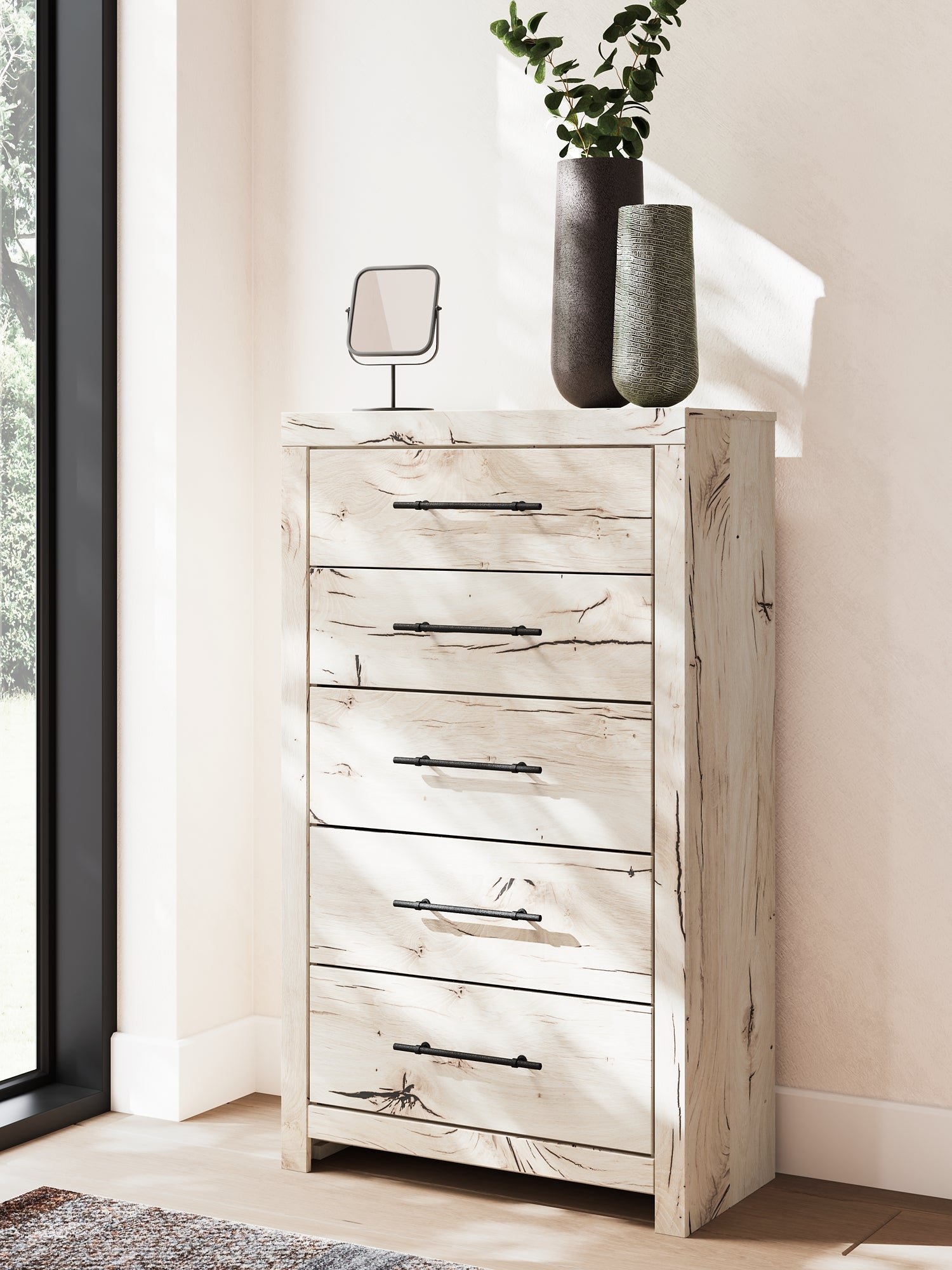 Lawroy King Panel Headboard with Mirrored Dresser, Chest and Nightstand