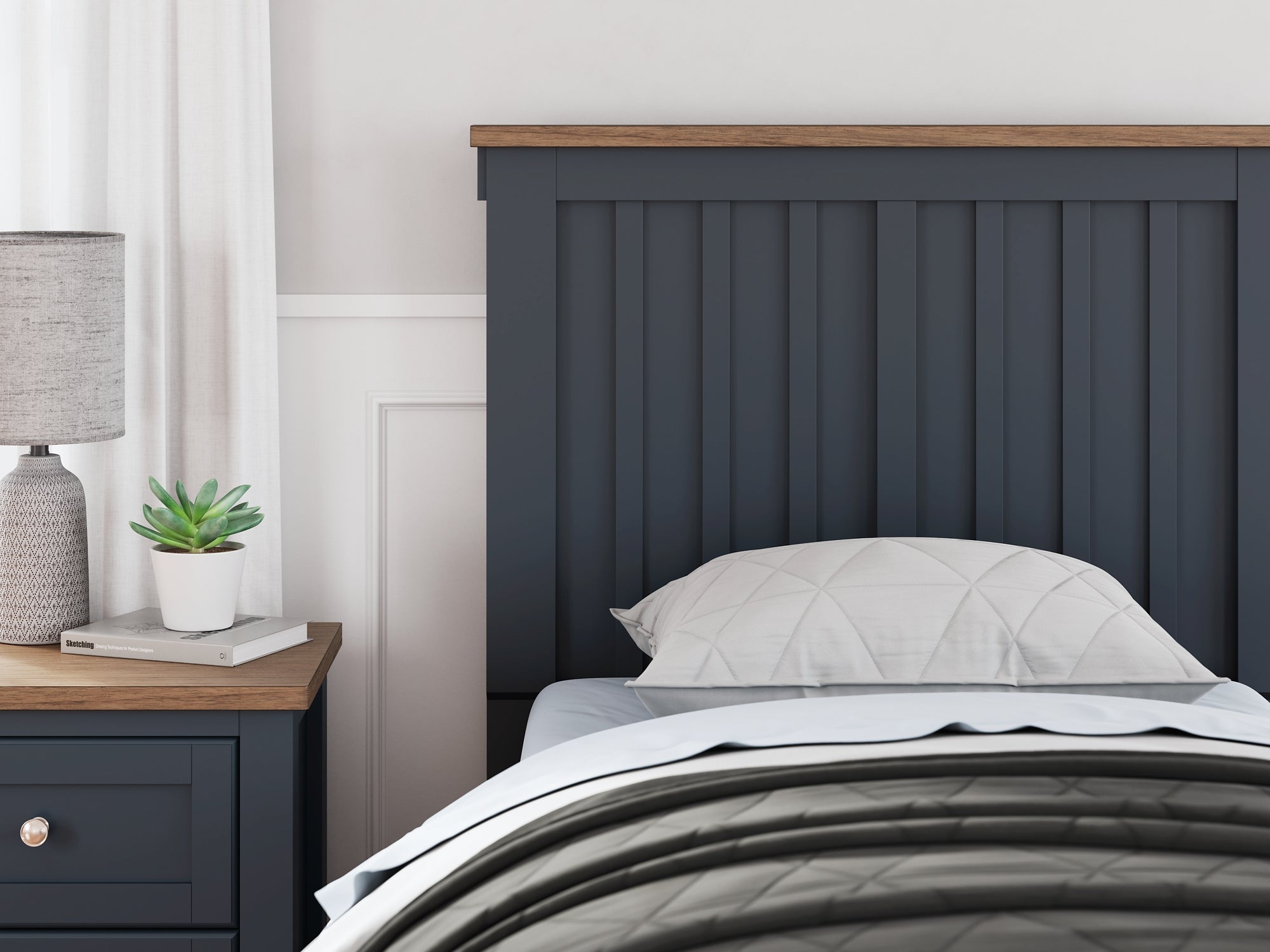 Landocken Twin Panel Headboard with Mirrored Dresser, Chest and Nightstand