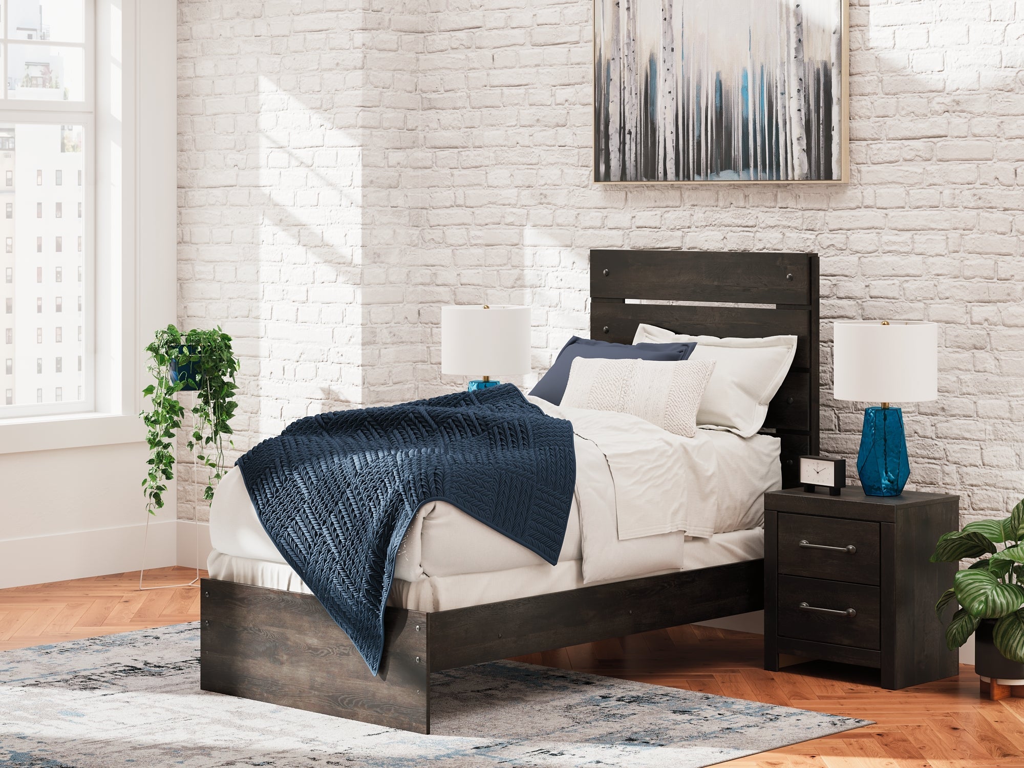 Hollivern Twin Panel Bed with Mirrored Dresser, Chest and Nightstand