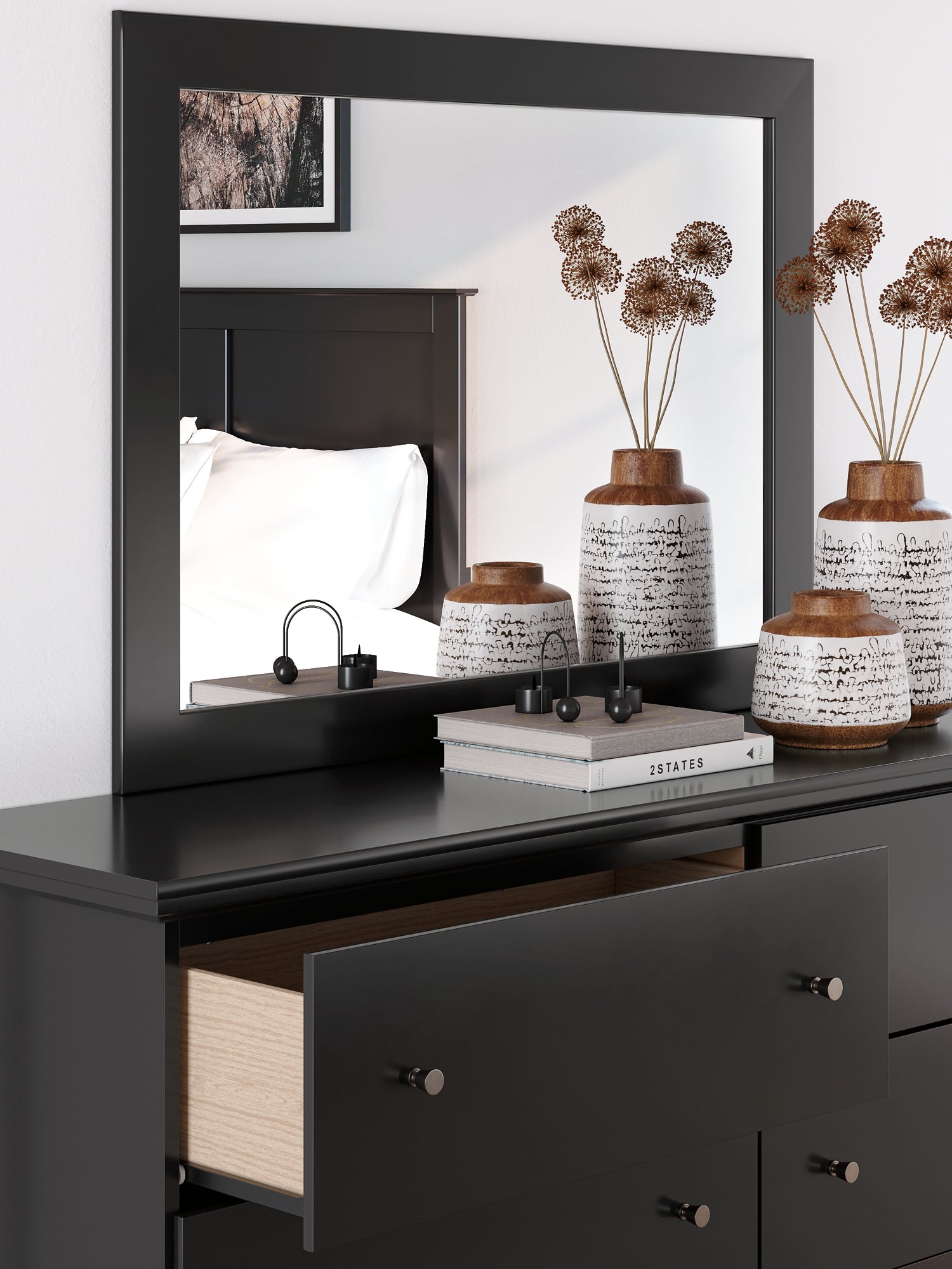 Maribel Queen Panel Bed with Mirrored Dresser and Chest