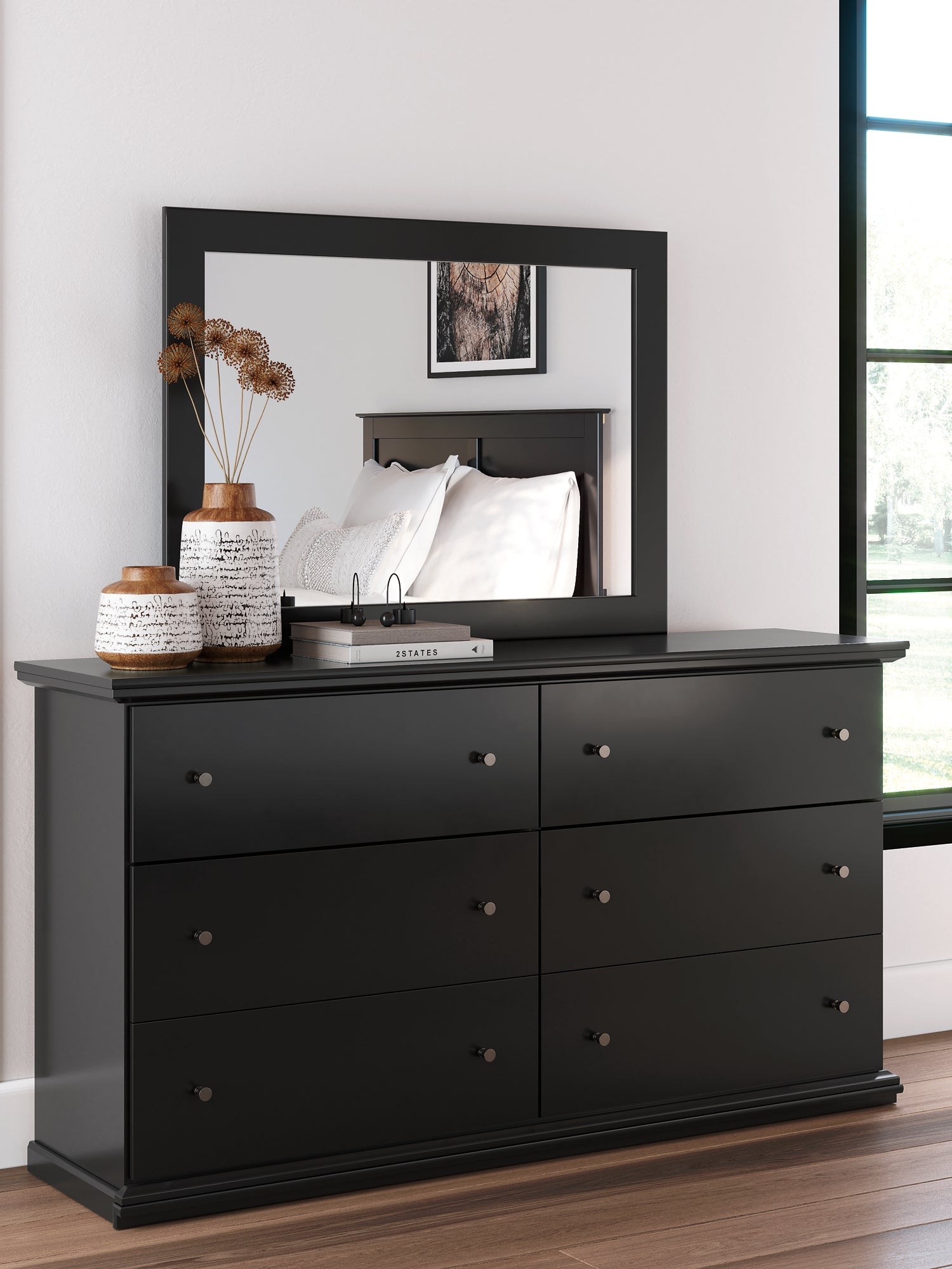 Maribel Queen Panel Bed with Mirrored Dresser and Chest