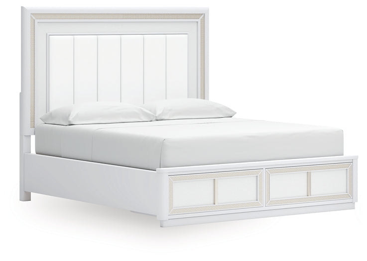 Chalanna California King Upholstered Storage Bed with Mirrored Dresser and Nightstand