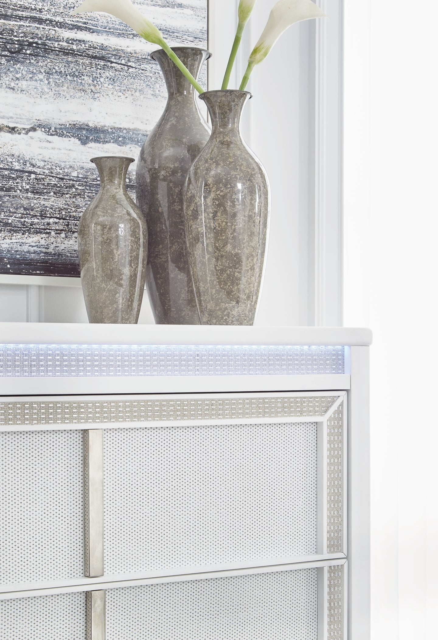 Chalanna California King Upholstered Storage Bed with Mirrored Dresser, Chest and Nightstand