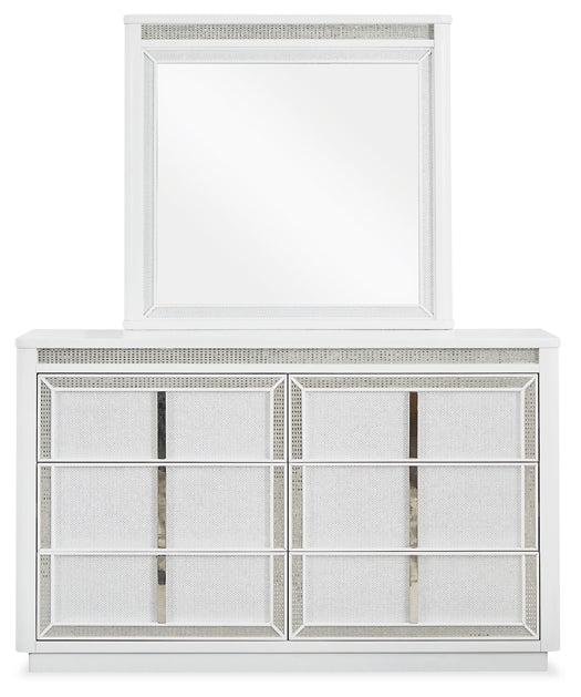Chalanna California King Upholstered Storage Bed with Mirrored Dresser and Chest