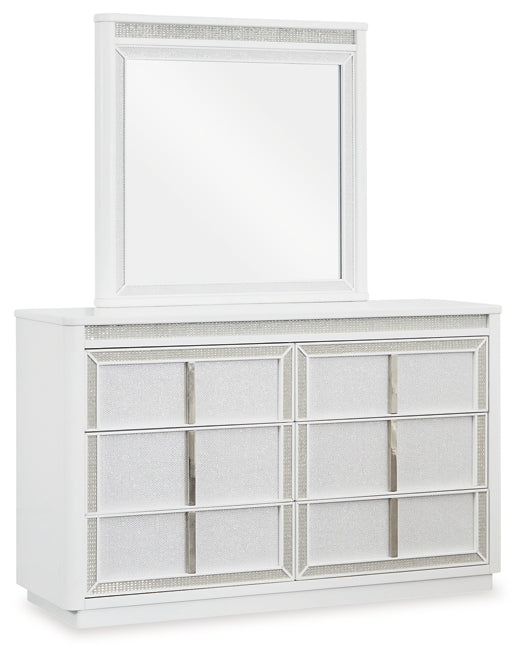 Chalanna California King Upholstered Storage Bed with Mirrored Dresser and Chest