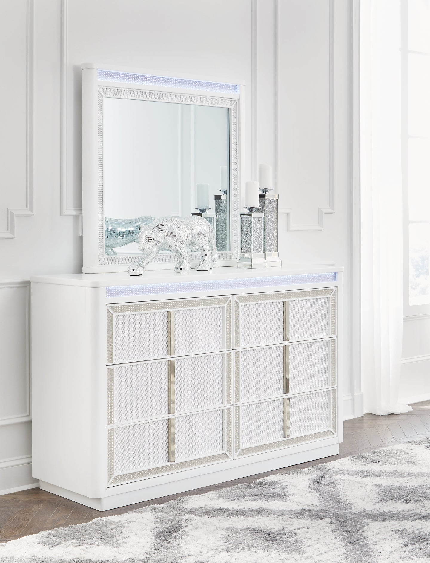 Chalanna California King Upholstered Storage Bed with Mirrored Dresser and Chest
