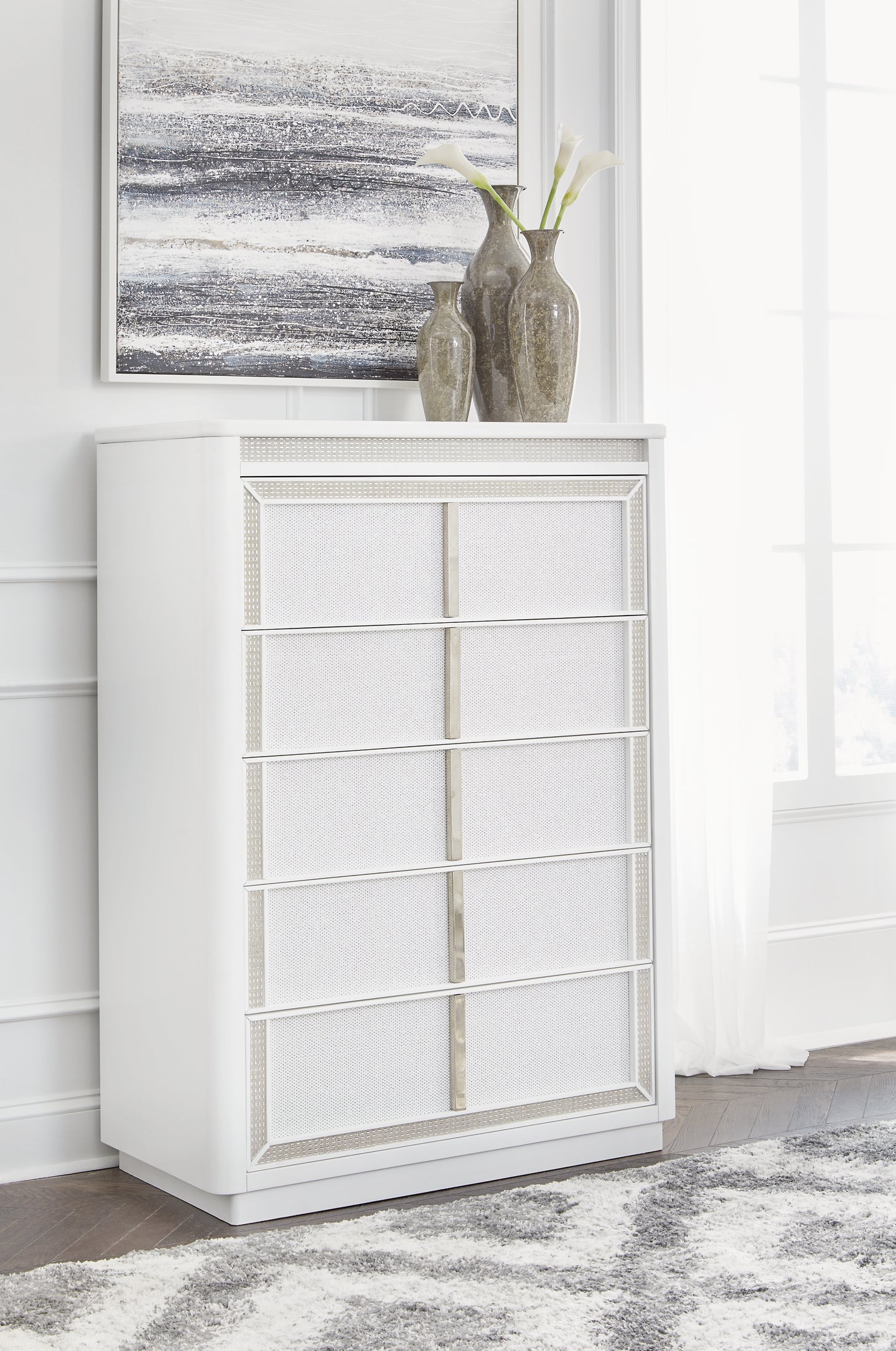 Chalanna California King Upholstered Storage Bed with Mirrored Dresser and Chest