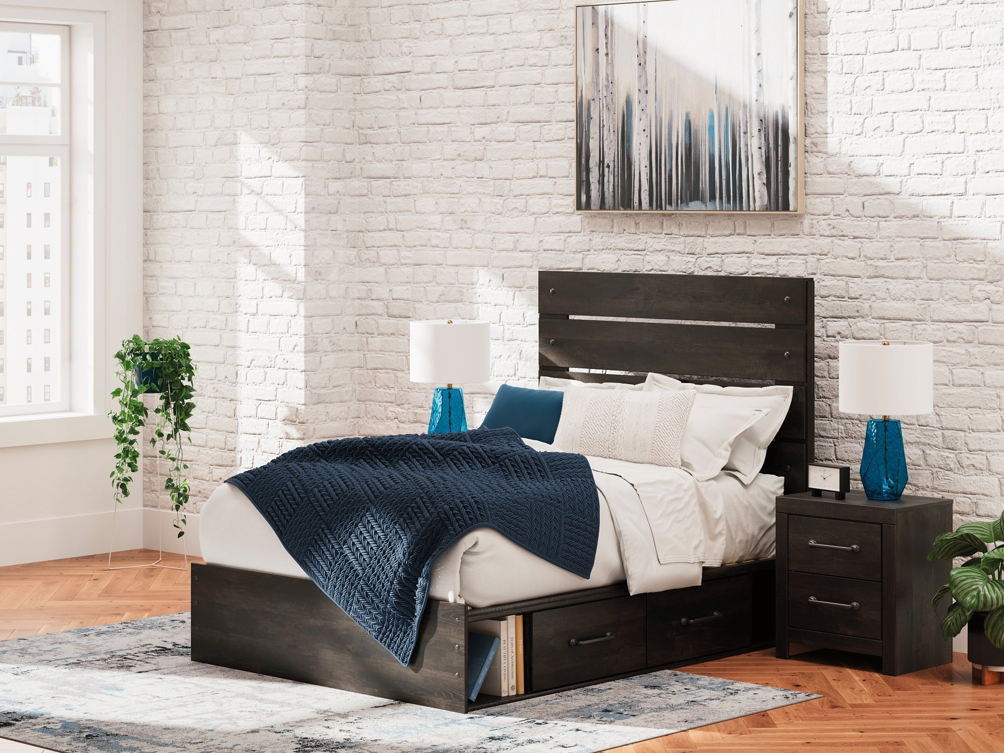 Hollivern Full Panel Bed with Storage with Mirrored Dresser and Nightstand