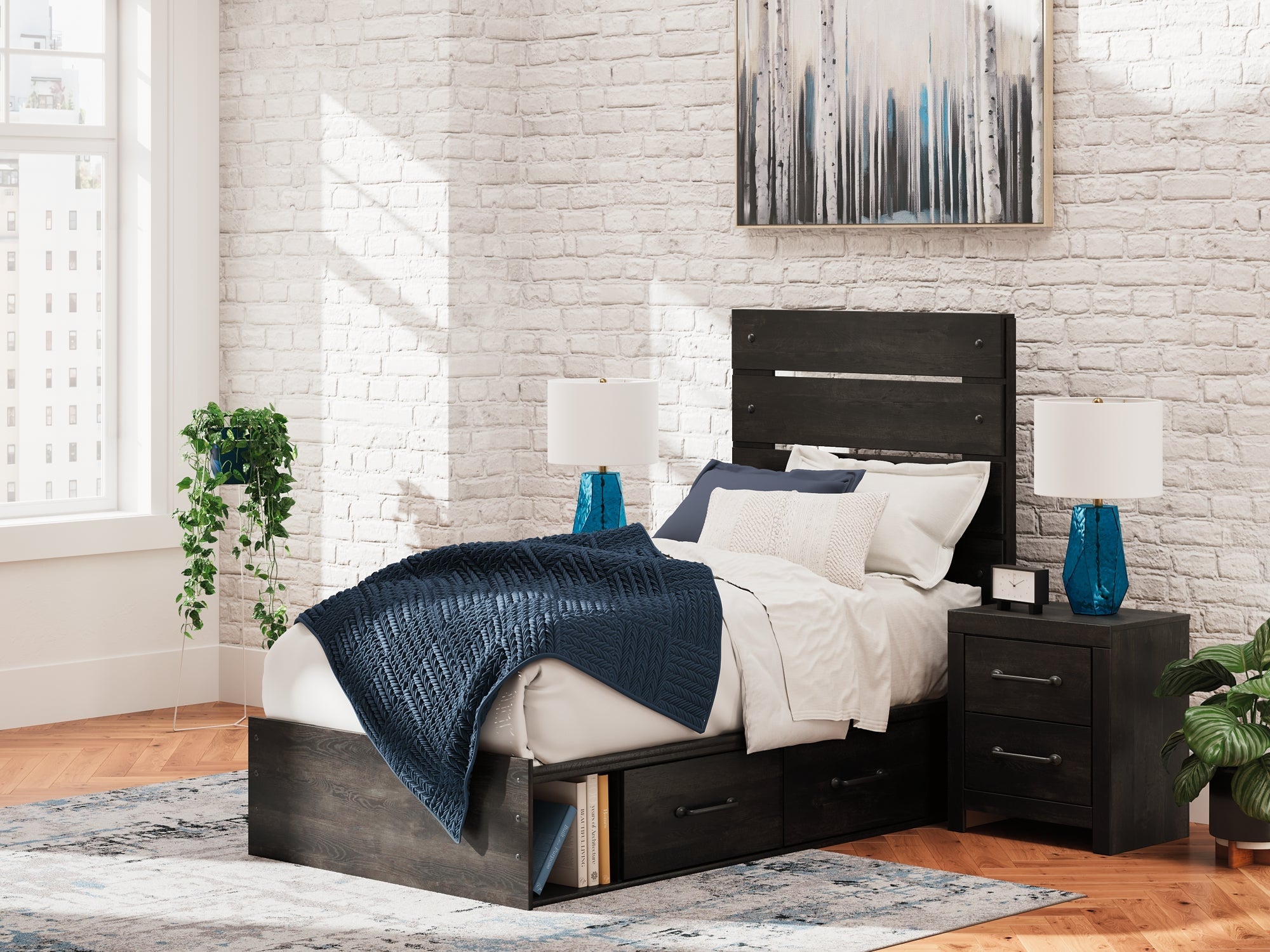Hollivern Twin Panel Bed with Storage with Mirrored Dresser