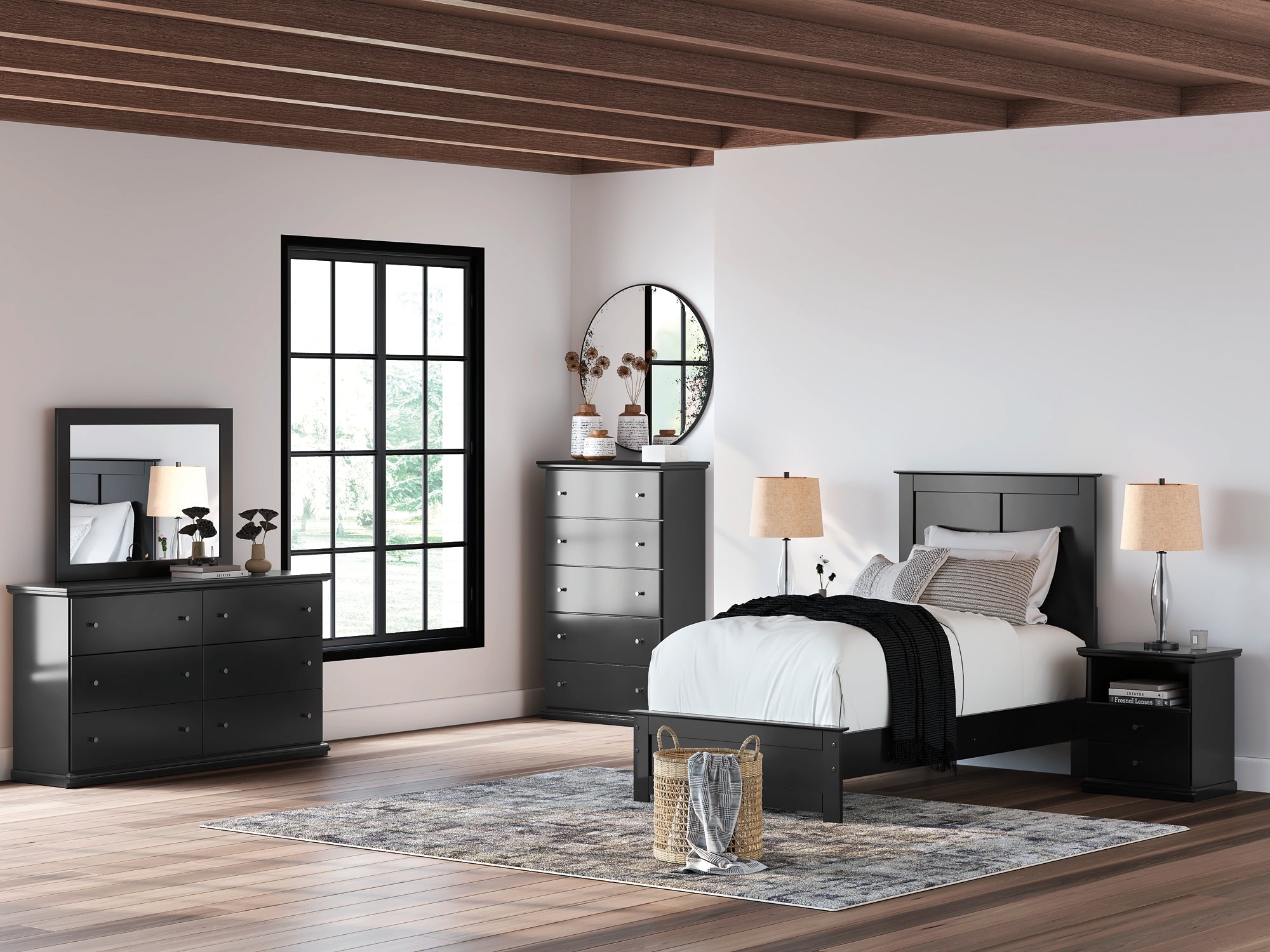 Maribel Queen Panel Bed with Mirrored Dresser and Nightstand