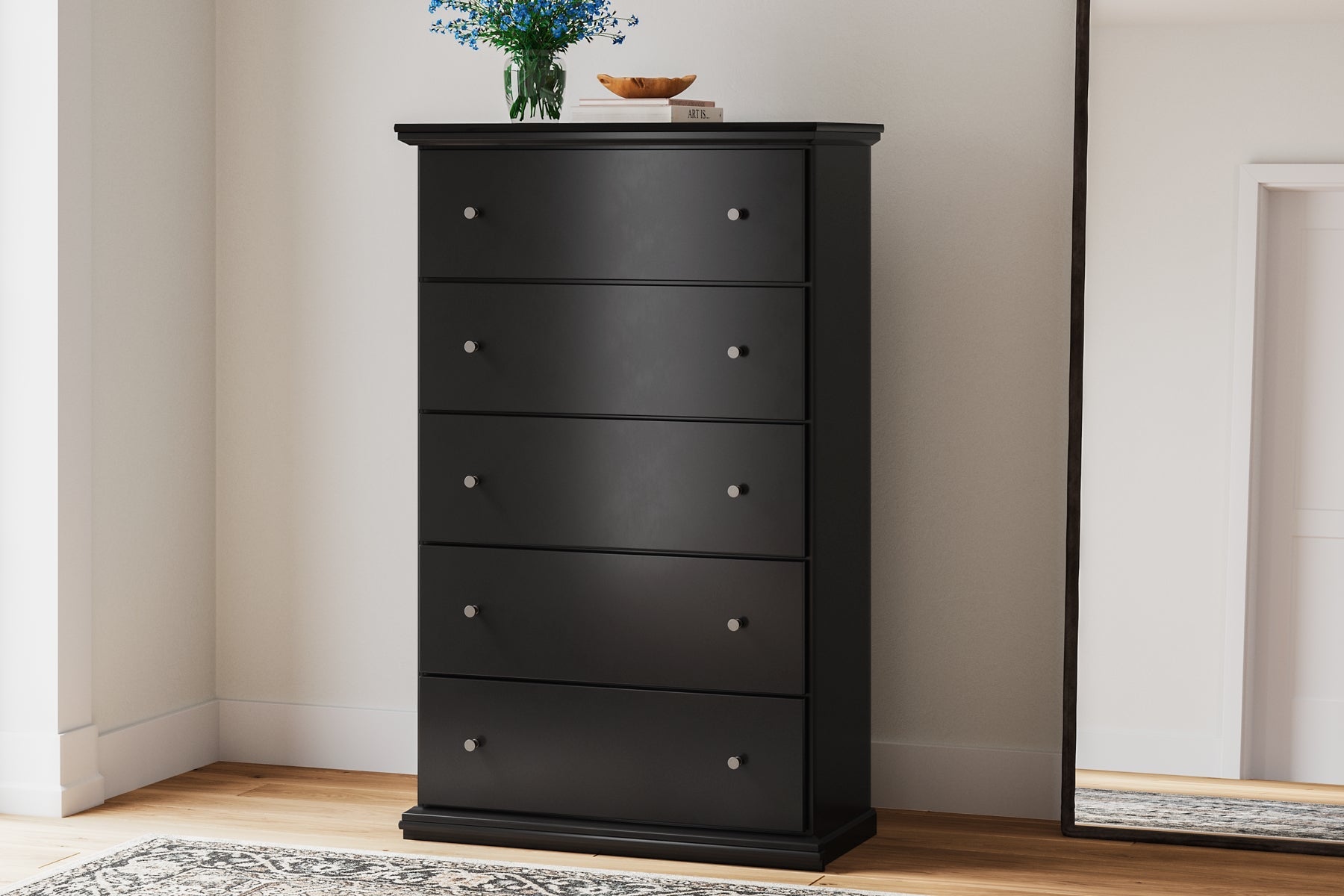 Maribel Queen Panel Bed with Mirrored Dresser, Chest and Nightstand