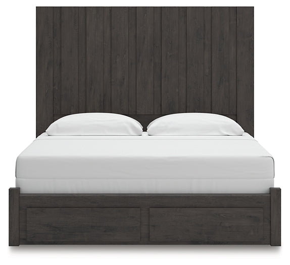 Fraluna King Panel Storage Bed with Mirrored Dresser and Nightstand