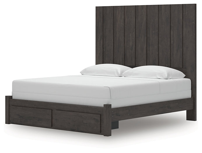 Fraluna King Panel Storage Bed with Mirrored Dresser and Nightstand