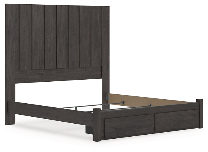 Fraluna King Panel Storage Bed with Mirrored Dresser and Nightstand