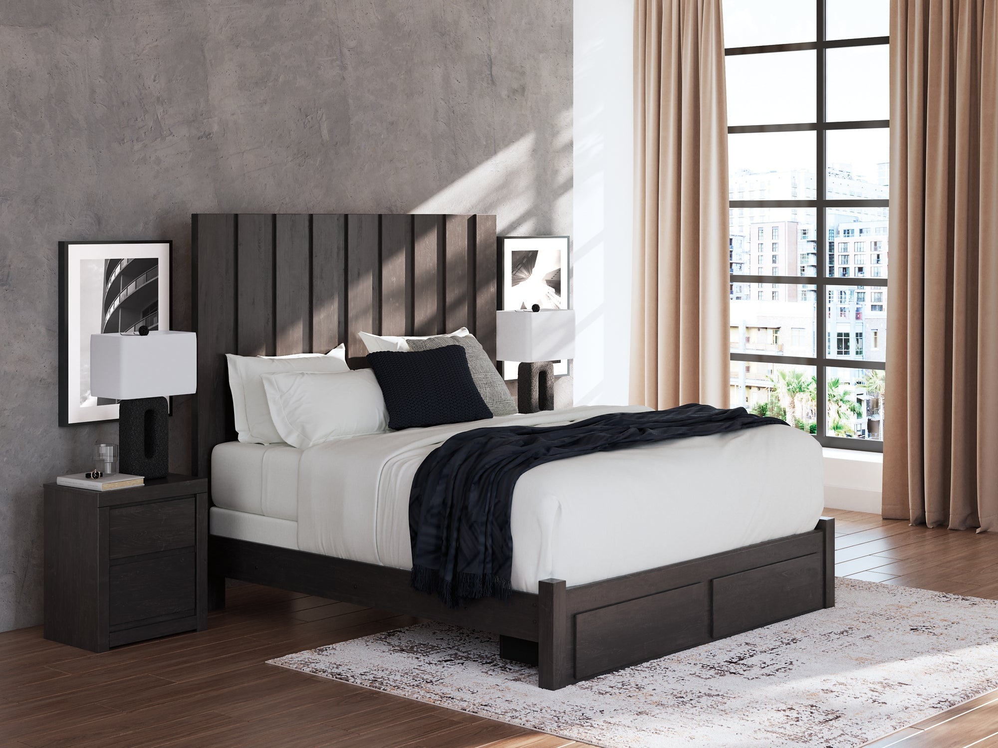 Fraluna King Panel Storage Bed with Mirrored Dresser, Chest and Nightstand