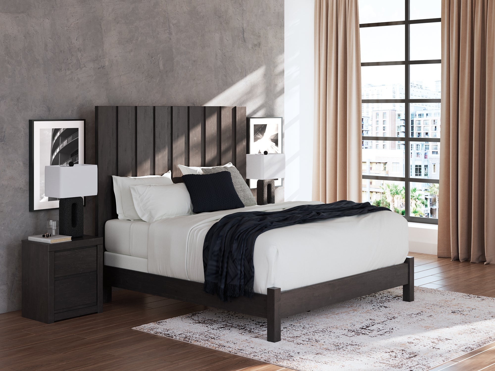Fraluna King Panel Bed with Mirrored Dresser, Chest and Nightstand
