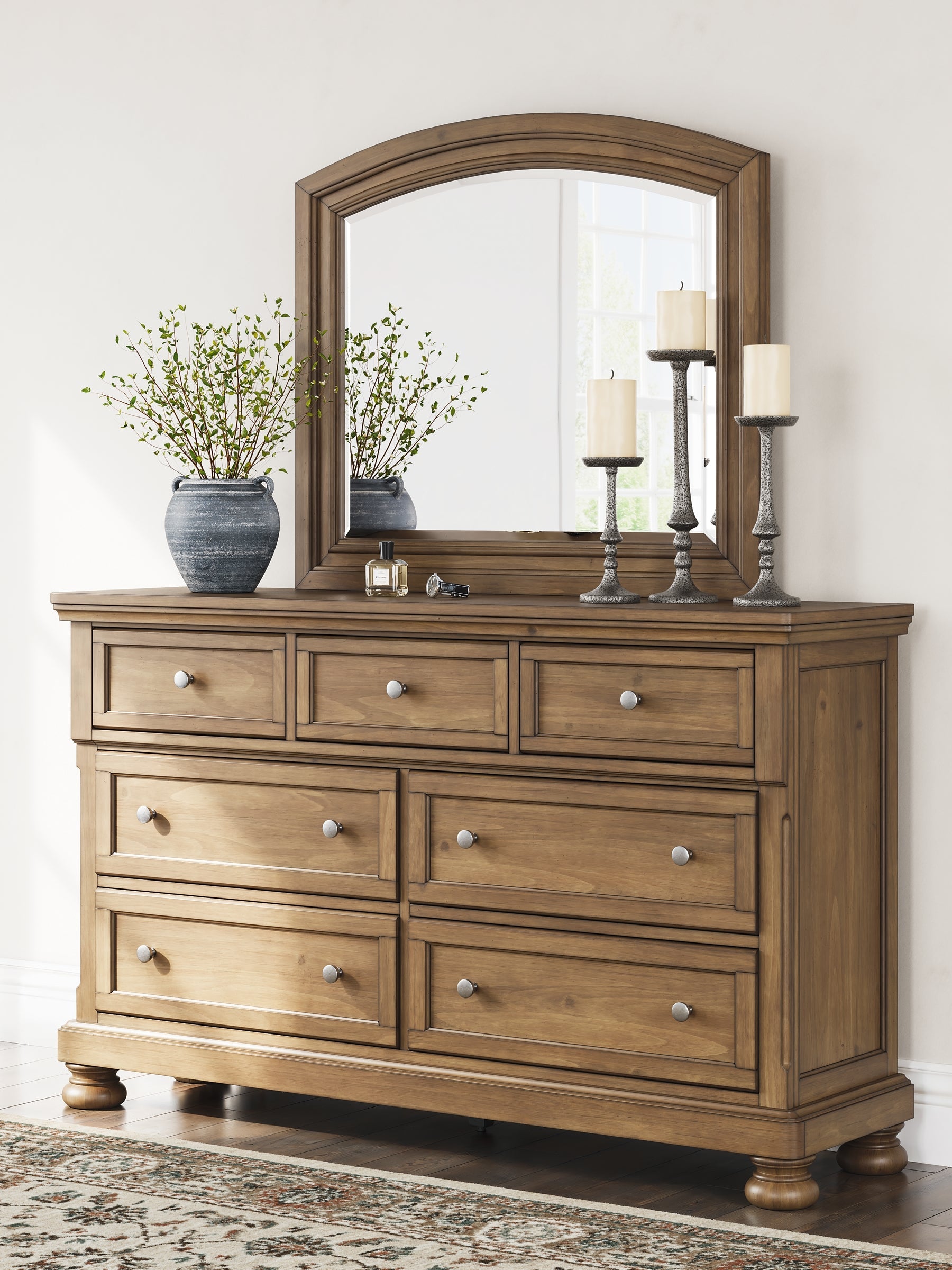 Feddinger California King Storage Sleigh Bed with Mirrored Dresser and Nightstand