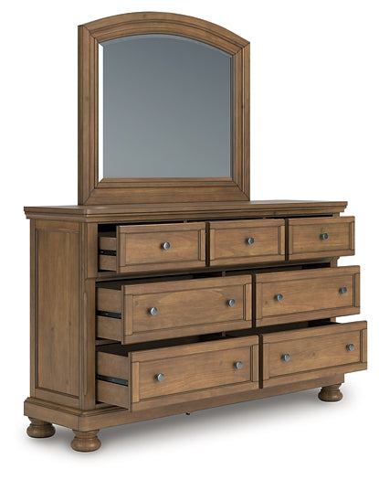 Feddinger California King Storage Sleigh Bed with Mirrored Dresser and Chest