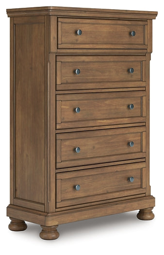 Feddinger California King Storage Sleigh Bed with Mirrored Dresser and Chest