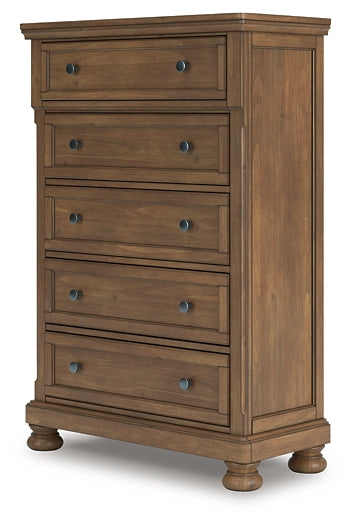 Feddinger California King Storage Sleigh Bed with Mirrored Dresser and Chest