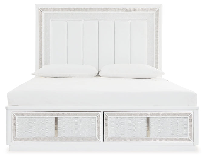 Chalanna King Upholstered Storage Bed with Mirrored Dresser and Chest