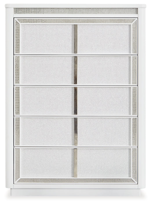 Chalanna King Upholstered Storage Bed with Mirrored Dresser and Chest