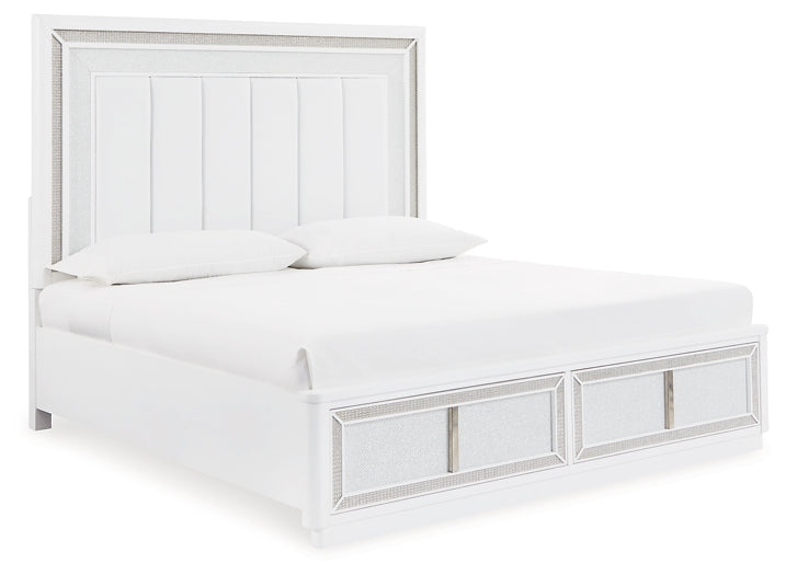 Chalanna King Upholstered Storage Bed with Mirrored Dresser and Chest