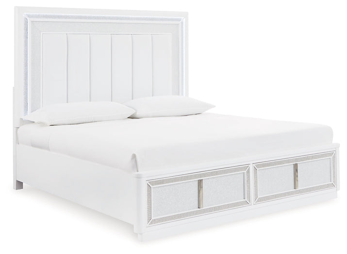 Chalanna King Upholstered Storage Bed with Mirrored Dresser and Chest
