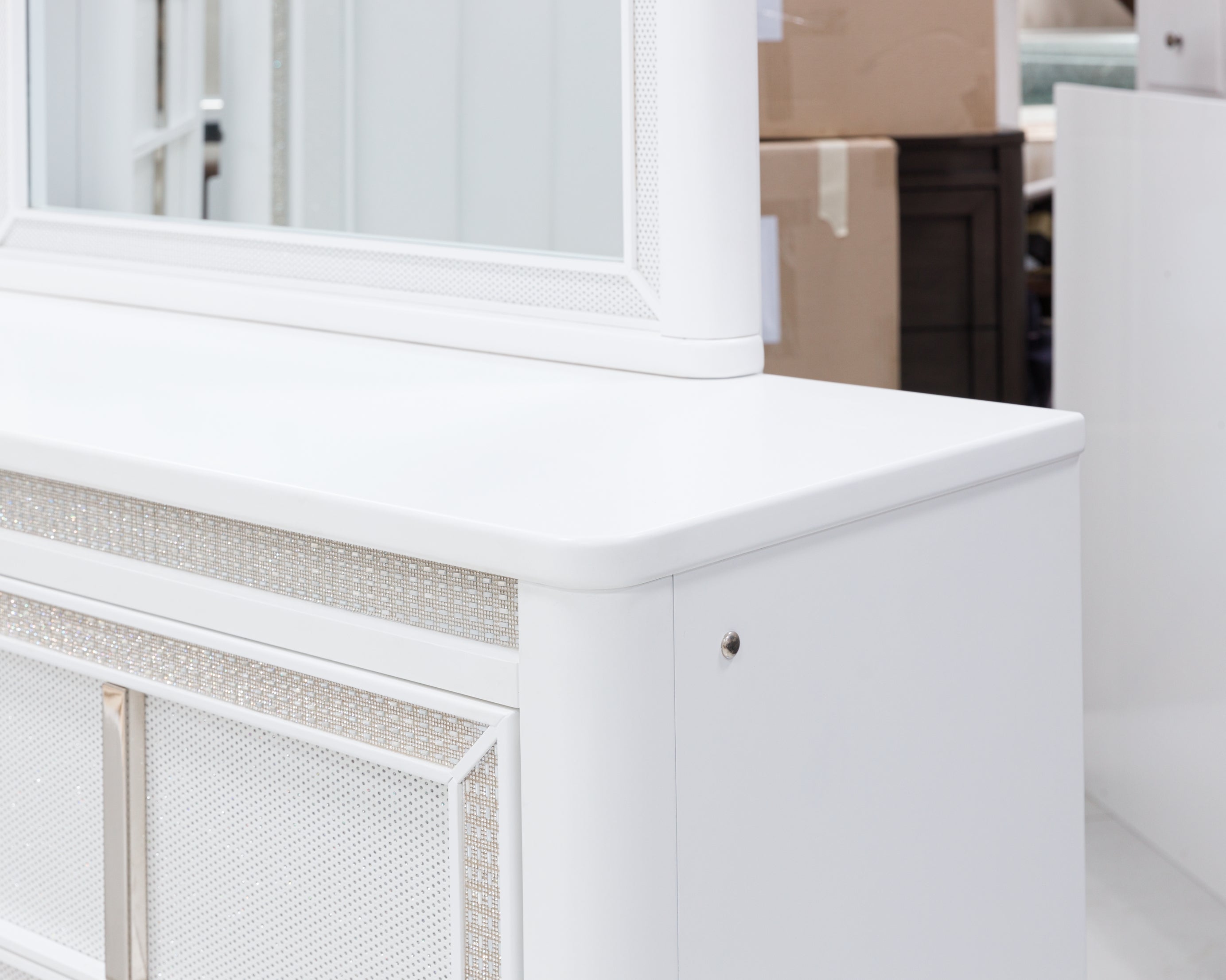 Chalanna King Upholstered Storage Bed with Mirrored Dresser and Chest
