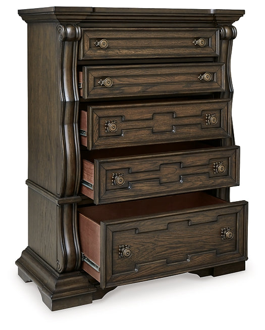 Maylee California King Upholstered Bed with Mirrored Dresser, Chest and Nightstand