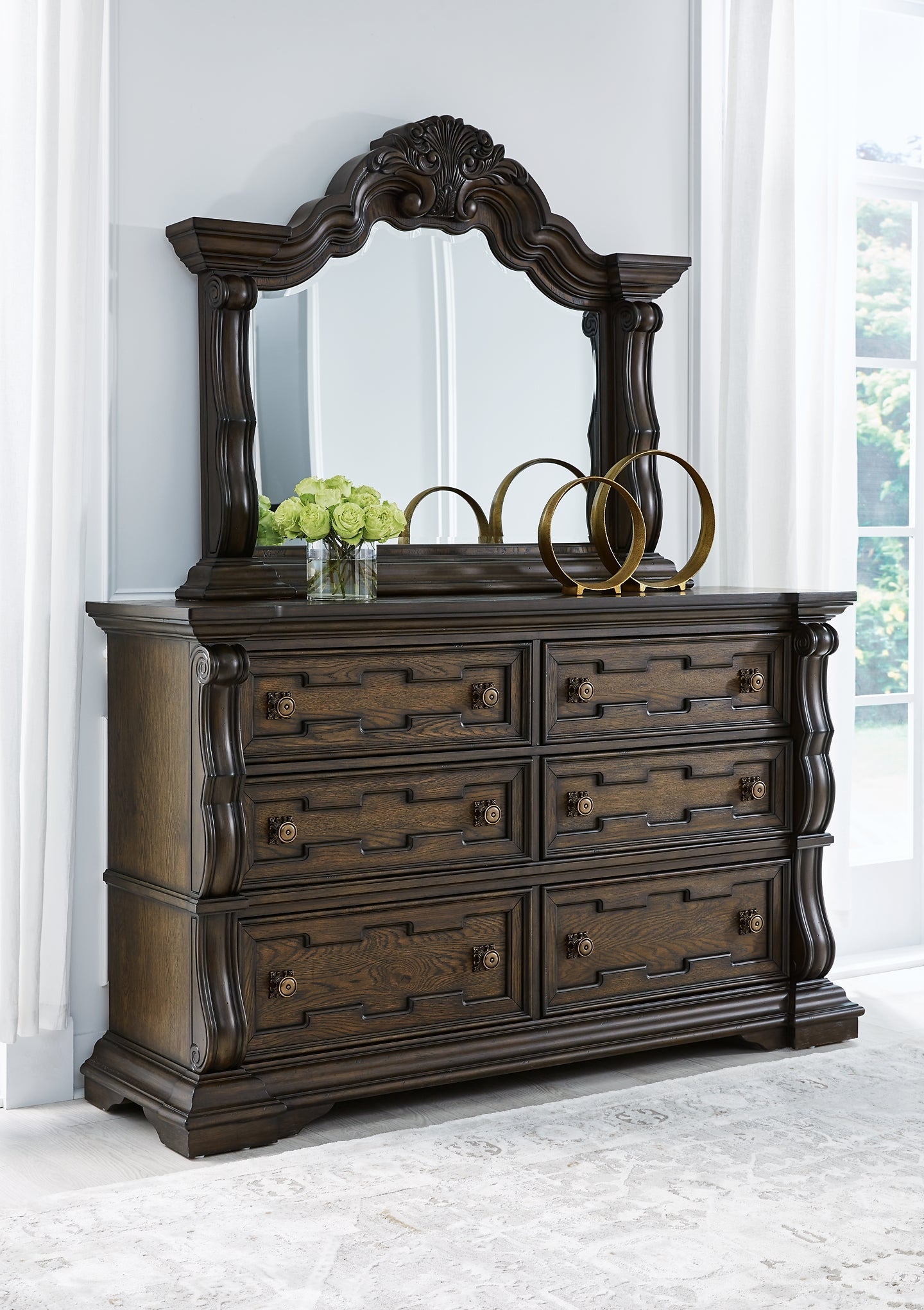 Maylee California King Upholstered Bed with Mirrored Dresser, Chest and Nightstand