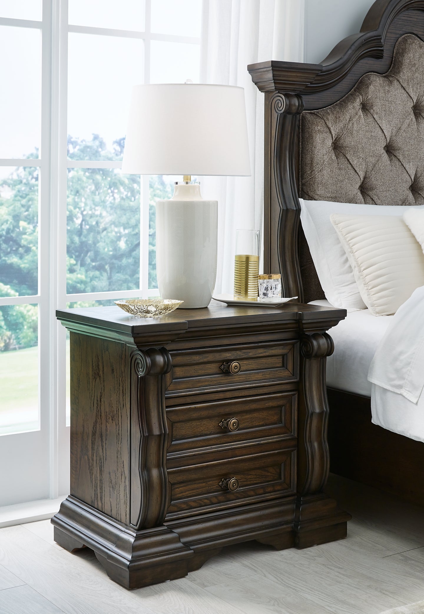 Maylee California King Upholstered Bed with Mirrored Dresser, Chest and Nightstand