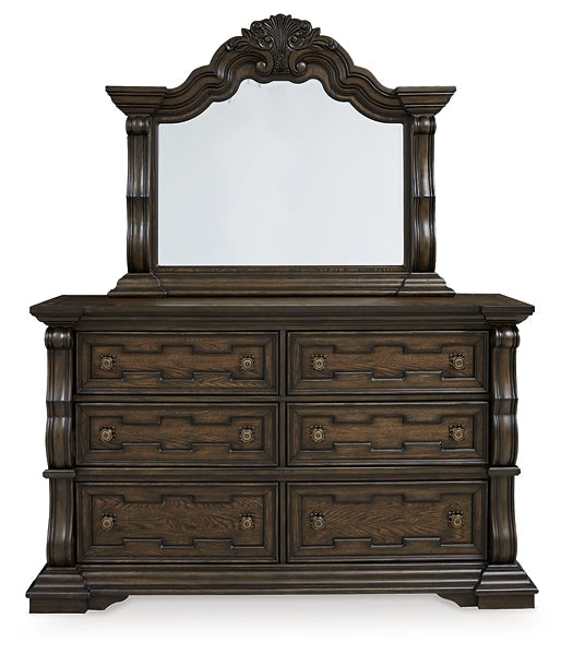 Maylee California King Upholstered Bed with Mirrored Dresser and Chest