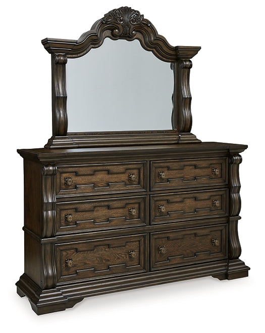 Maylee California King Upholstered Bed with Mirrored Dresser and Chest