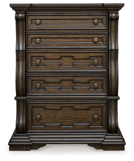 Maylee California King Upholstered Bed with Mirrored Dresser and Chest