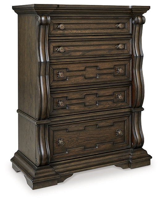 Maylee California King Upholstered Bed with Mirrored Dresser and Chest